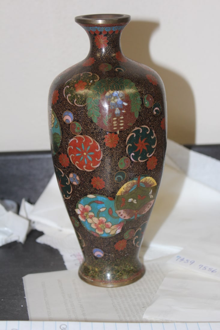 Antique Japanese Cloisonne Vase: 19th century - please note: previously drilled hole - 7 3/4" tall