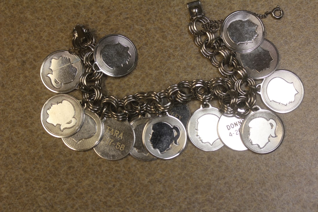 Sterling Chain with Charms Bracelet: please note= one pendant has a scratch as shown - all have names on the back of the charmes - weights almost 2 ounces
