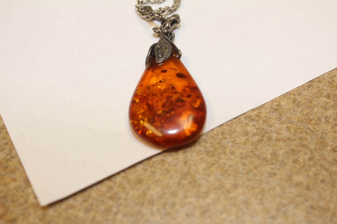 Sterling and Amber Pendant Necklace with Chain - 2