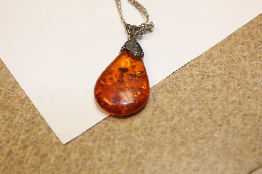 Sterling and Amber Pendant Necklace with Chain - 3