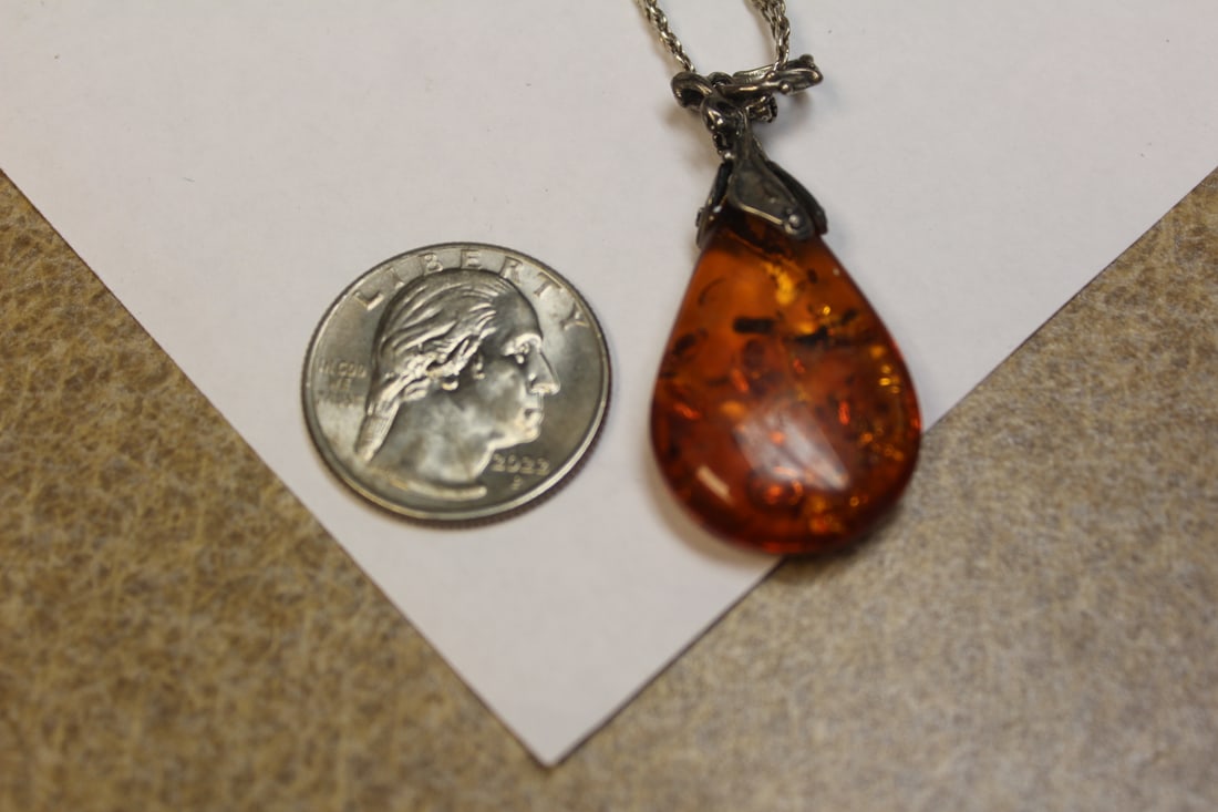 Sterling and Amber Pendant Necklace with Chain - 4