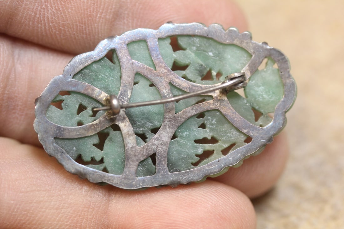 Natural Jade or Jadeite and Sterling Pin or Brooch - 2