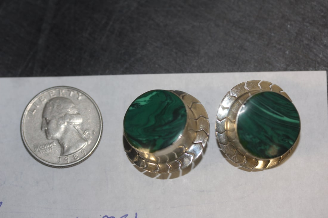 Sterling and Malachite Clip Earrings - 4