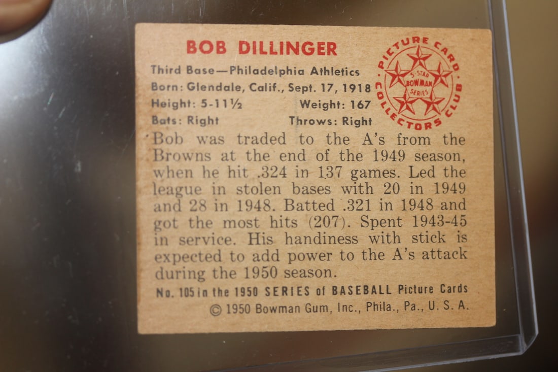 1950 Bowman Bob Dillinger Baseball Card - 2