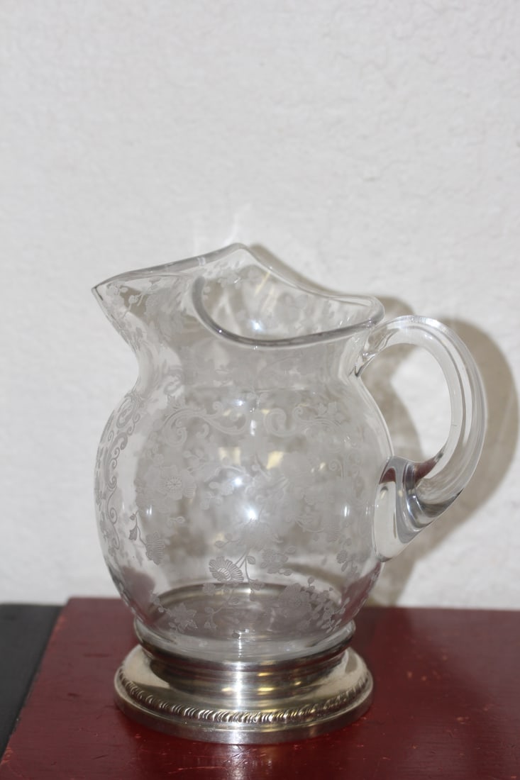 Sterling Bottom Rim Etched Glass Pitcher: marked - floral motief - 6 1/2" tall