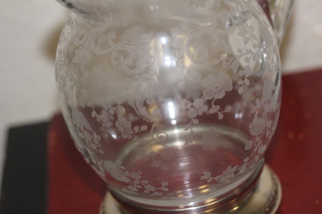 Sterling Bottom Rim Etched Glass Pitcher - 2