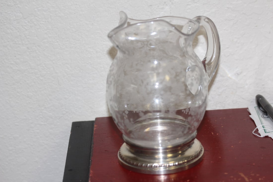 Sterling Bottom Rim Etched Glass Pitcher - 3