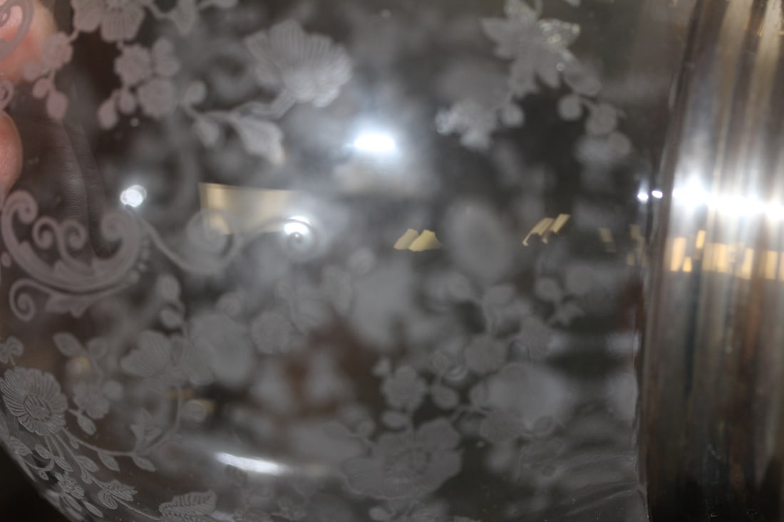 Sterling Bottom Rim Etched Glass Pitcher - 4