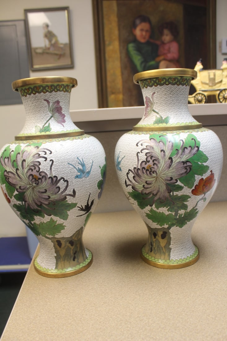 Pair of large vase: Chinese cloisonne, please note= one has a slight dent as shown, 15" tall