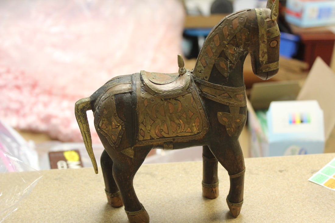 Oriental Wooden Horse: with copper inlaid - 8 inches tall