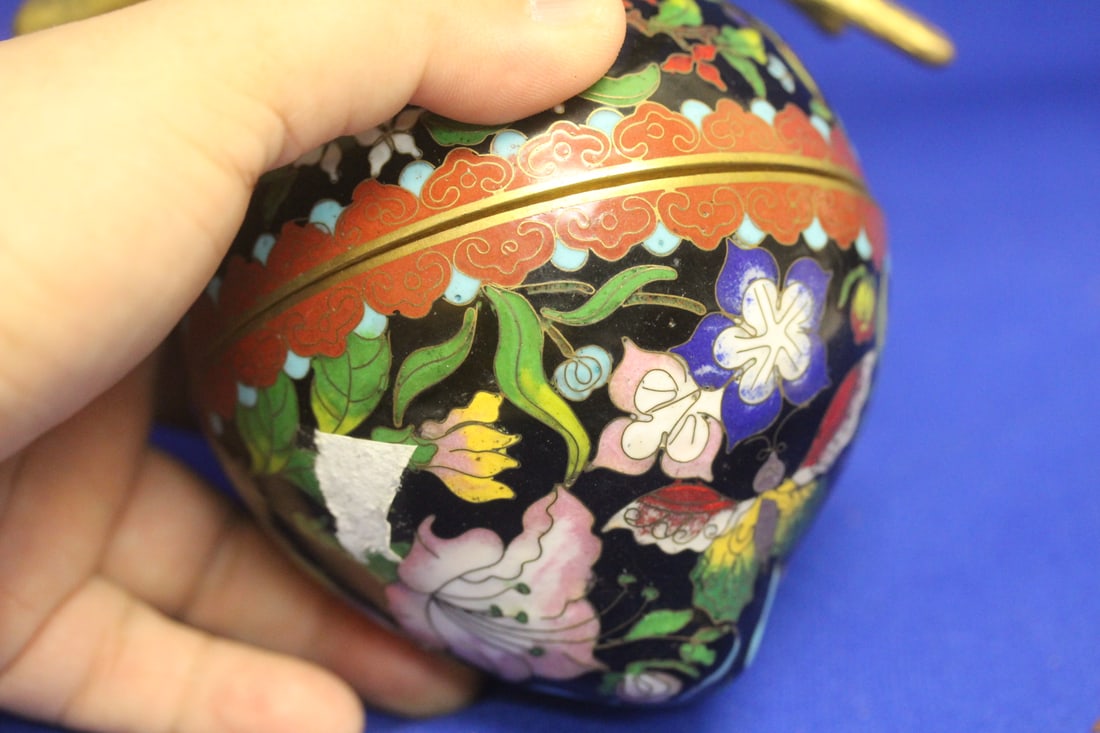 Pair of Cloisonne Boxes in Peach Form - 5