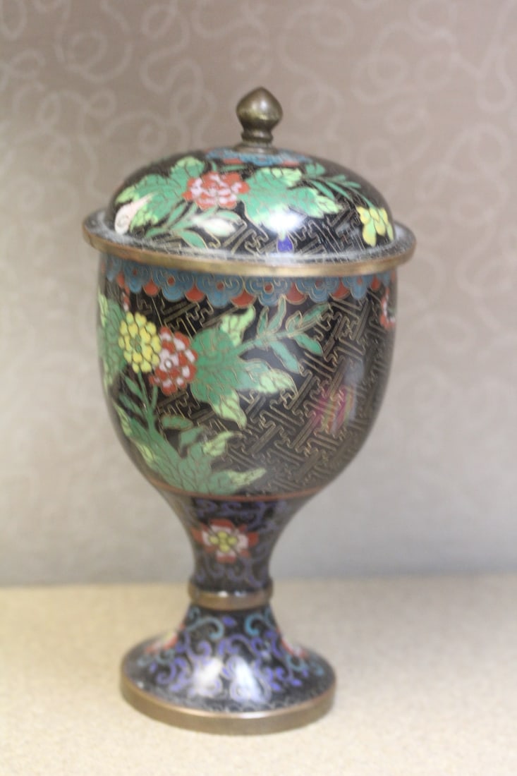 Cloisonne Urn with Lid: 7 1/4" tall - please check images for condition - marked "China" - probably around 100 years old