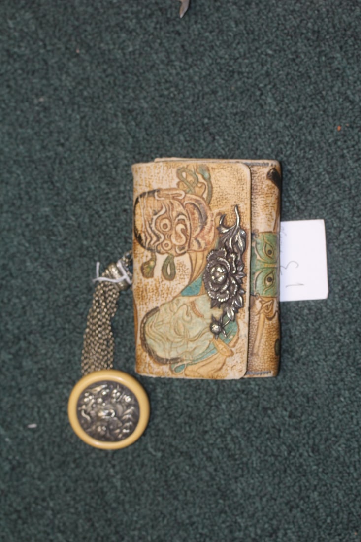 Antique Japanese Tobacco Pouch: Meiji period - early 1900's - leather with silver tiger kagamibuta manju - 5 1/2" across