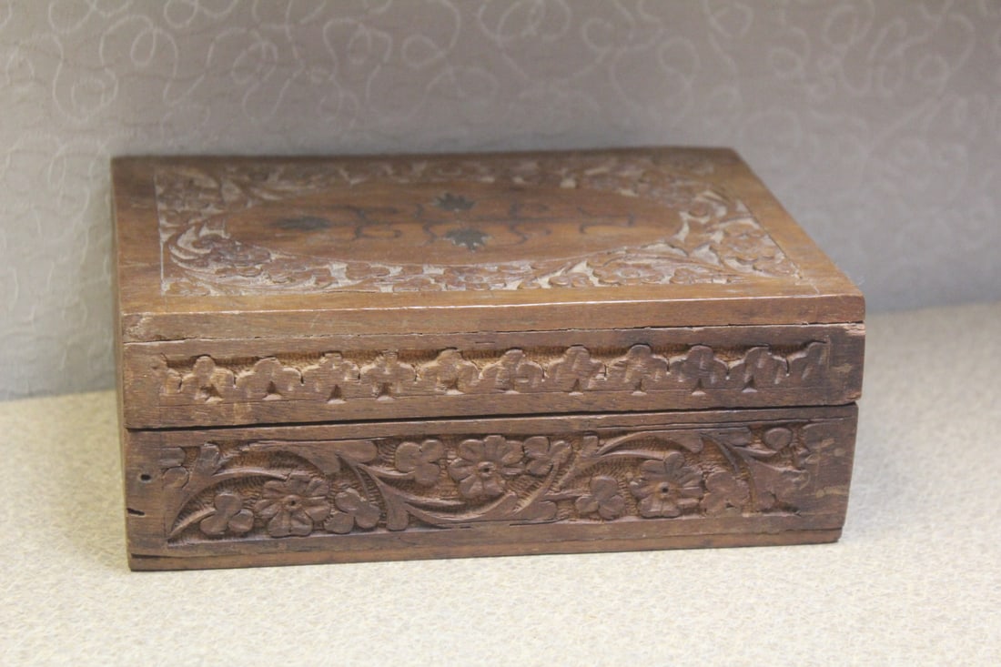 Asian Carved Cedar Wood Box - 2
