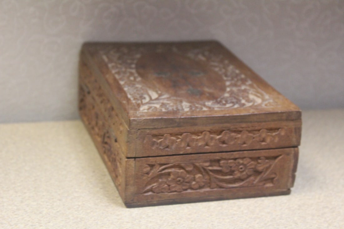 Asian Carved Cedar Wood Box - 3