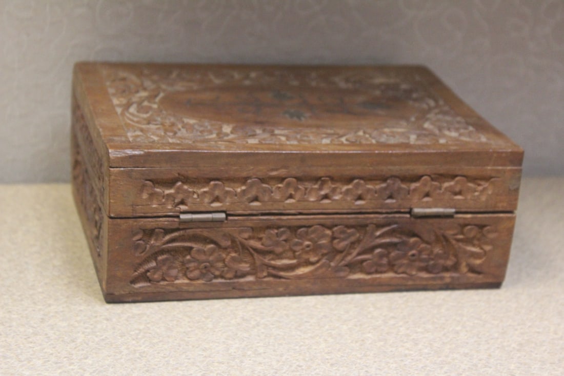 Asian Carved Cedar Wood Box - 4