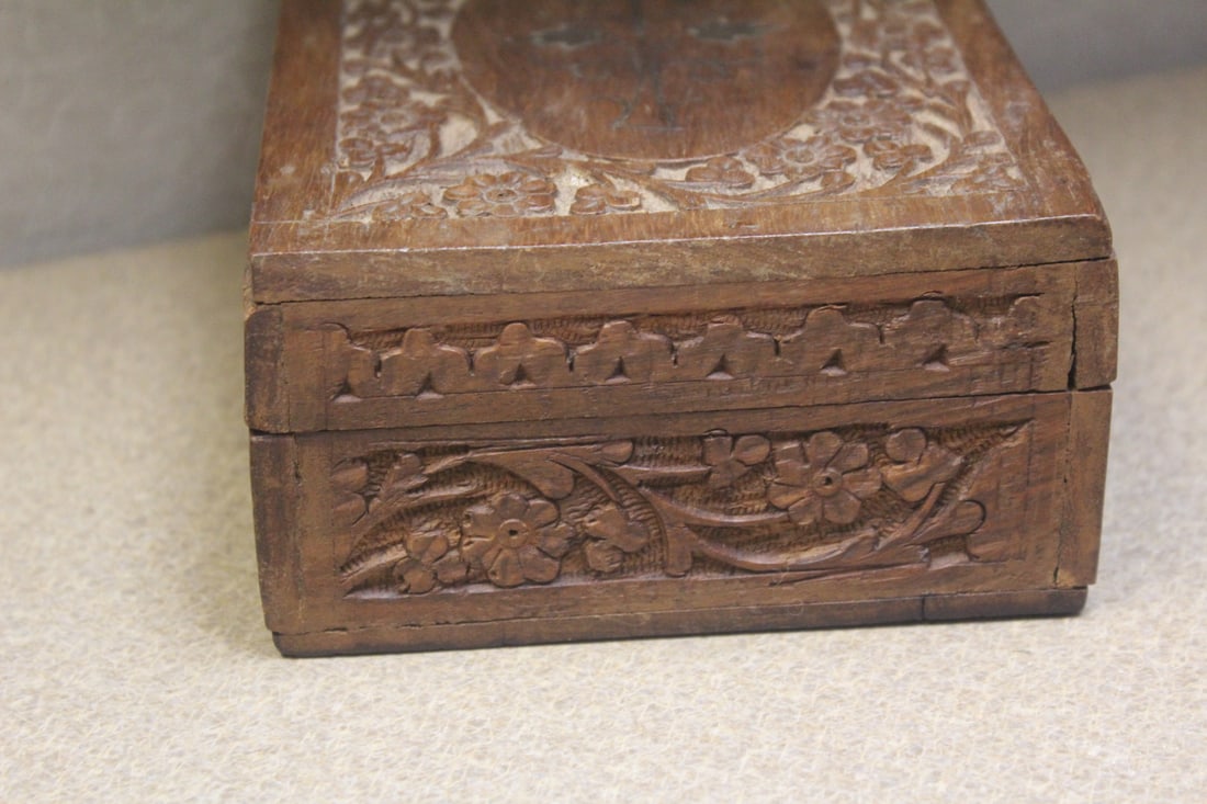 Asian Carved Cedar Wood Box - 5