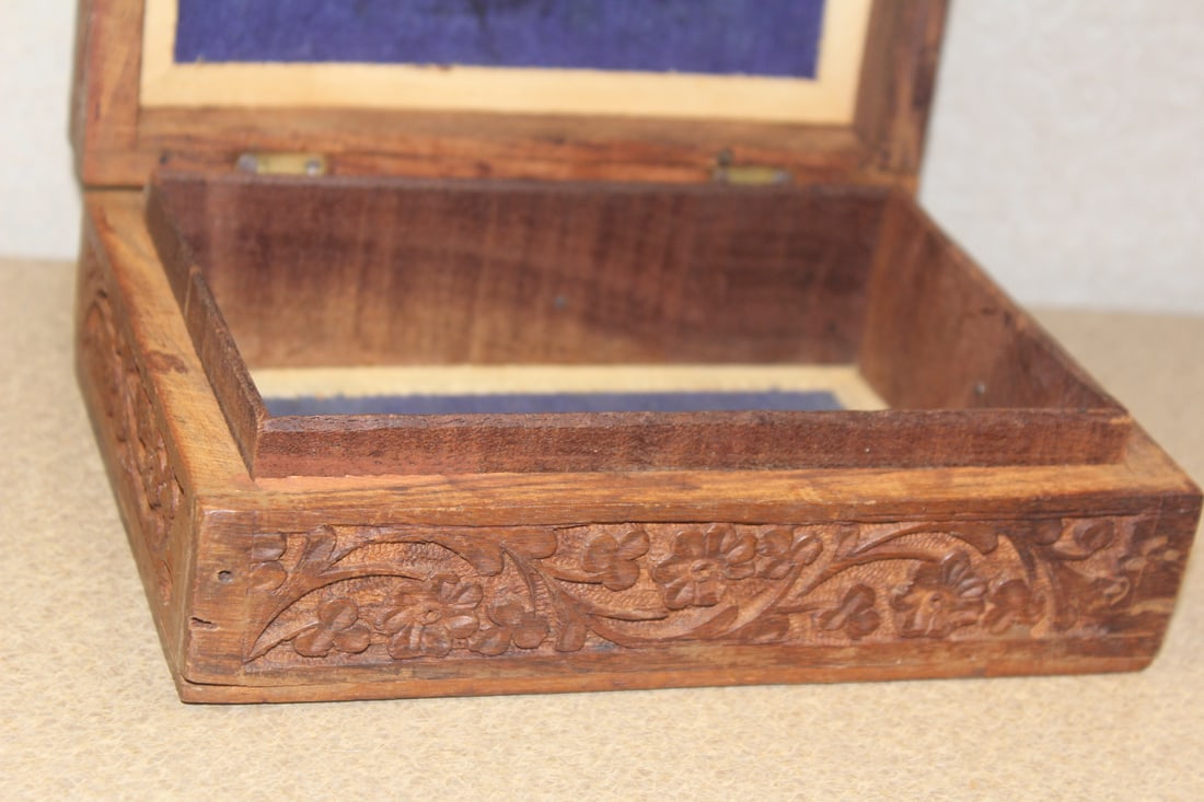 Asian Carved Cedar Wood Box - 7