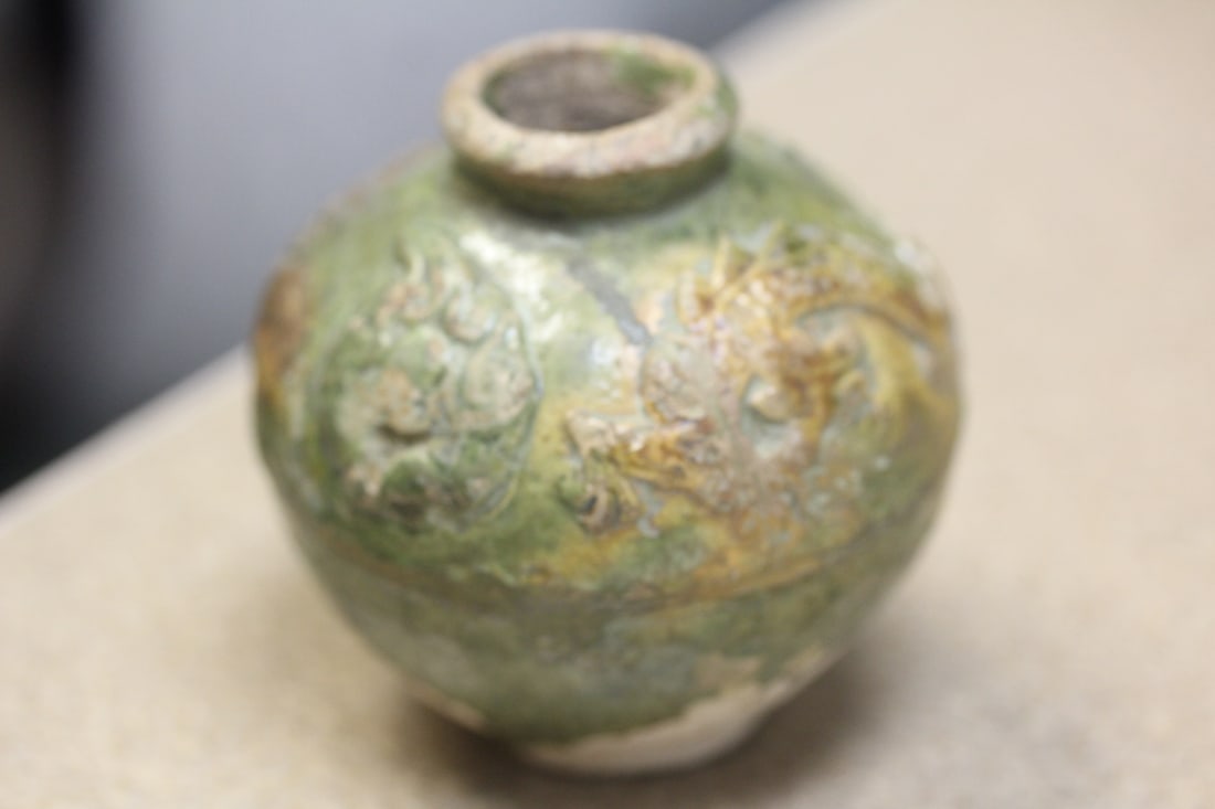 Antique Chinese Dragon Pottery Jar: please note: worn - 3 inches tall - most likely 19th century