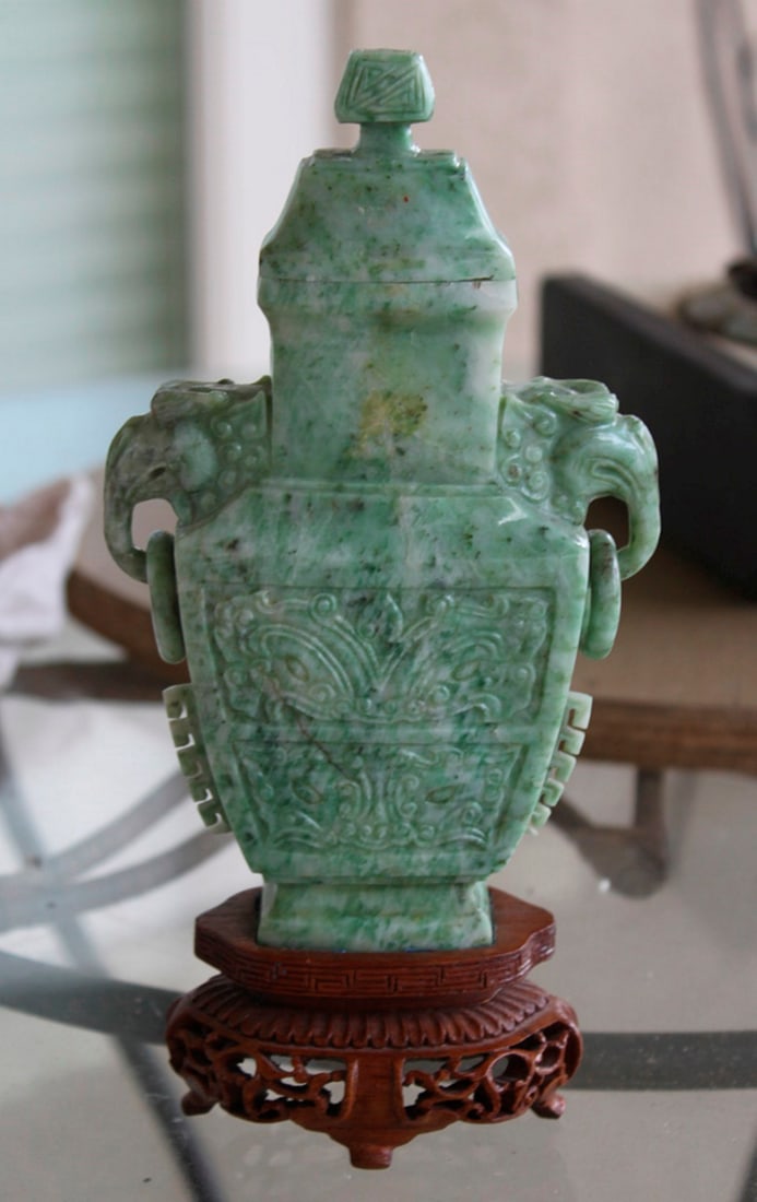 Chinese Jadeite Urn With Lid: 8 3/4" tall with lid. Circa mid 20th century.