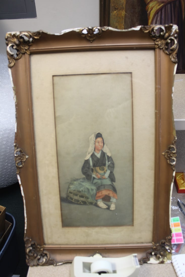 Antique Japanese Framed Watercolour: frame as found - most likely late 19th to early 20th century - overall= 23" x 15"