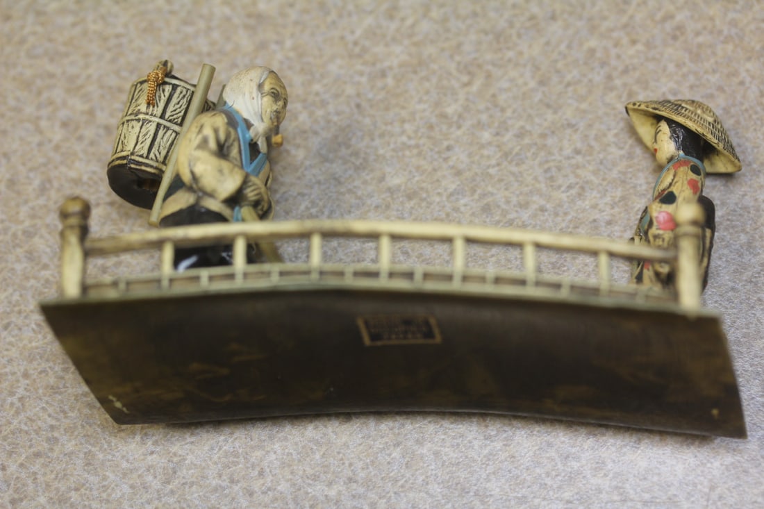 Vintage Japanese Two Pople Crossing a Bridge - 2