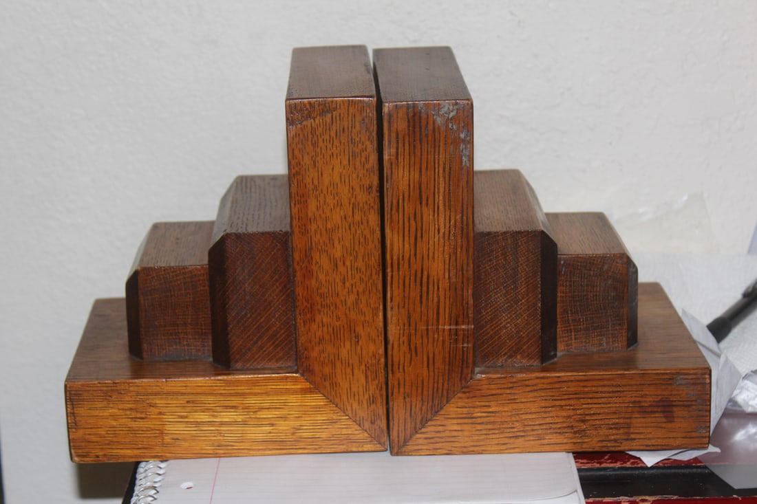 Pair of Solid Oak Wooden Bookends: arts and crafts or mission era - 7 3/4" tall each