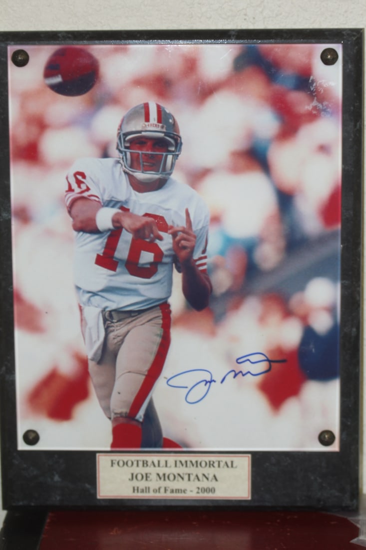 Joe Montana Football Plaque: signed by Joe - overall= 12" x 9"