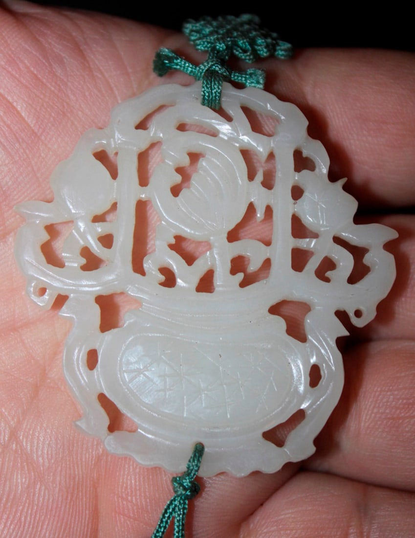 Antique Chinese White Jade Pendant with Tassle - 2