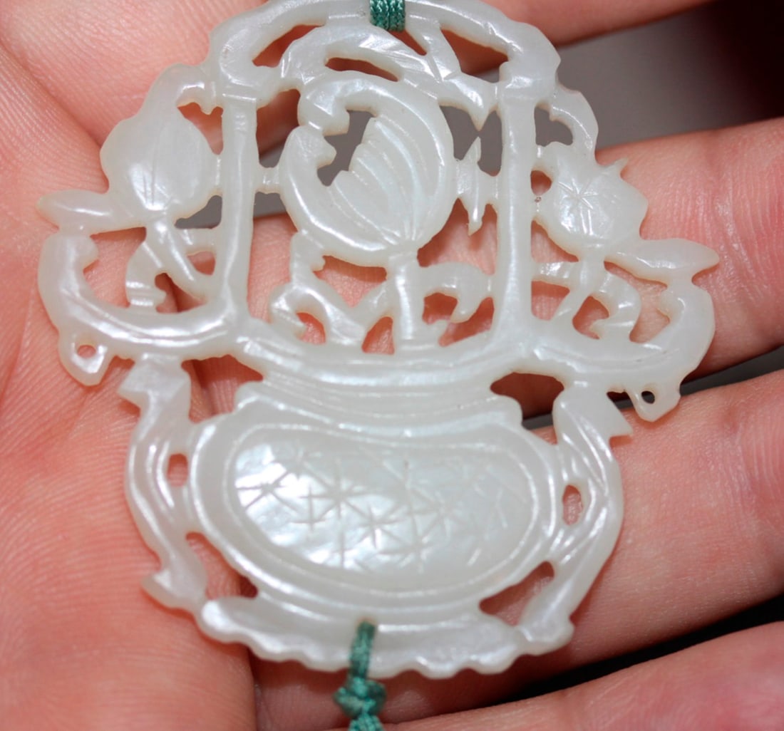 Antique Chinese White Jade Pendant with Tassle - 4