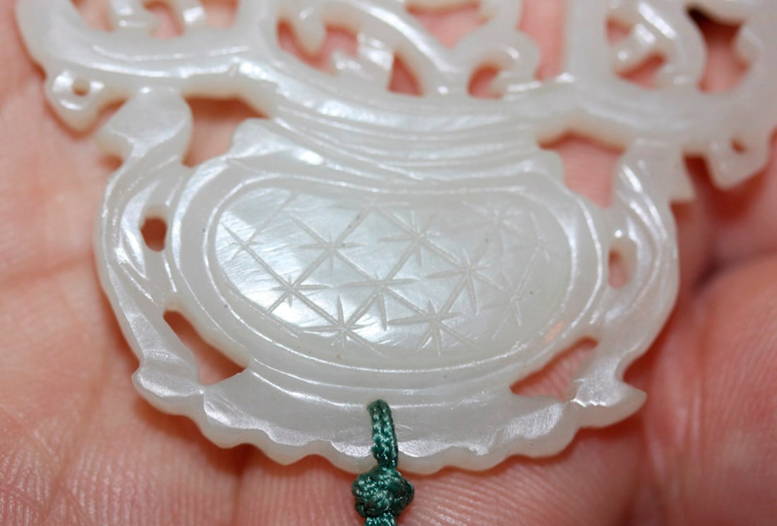 Antique Chinese White Jade Pendant with Tassle - 5