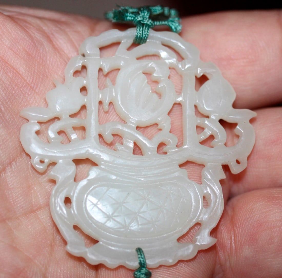 Antique Chinese White Jade Pendant with Tassle - 6