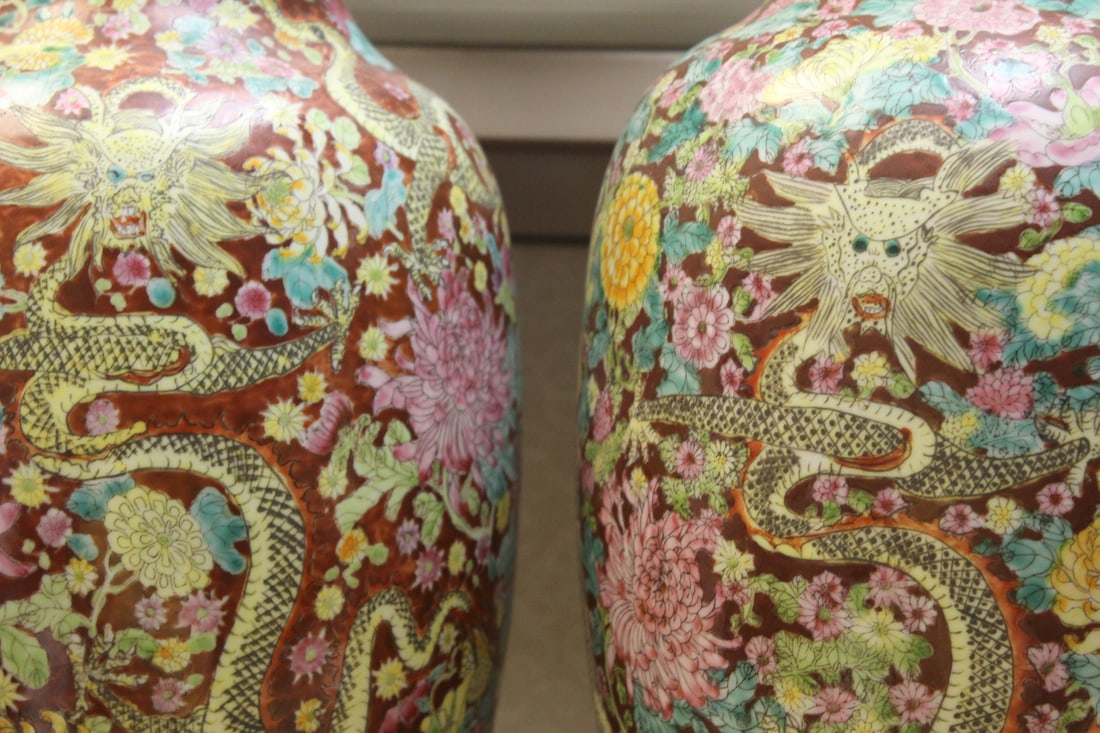 Lot of Two Vintage Large Dragon Chinese Floor Vase - 2