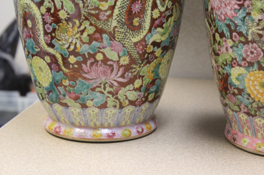 Lot of Two Vintage Large Dragon Chinese Floor Vase - 3