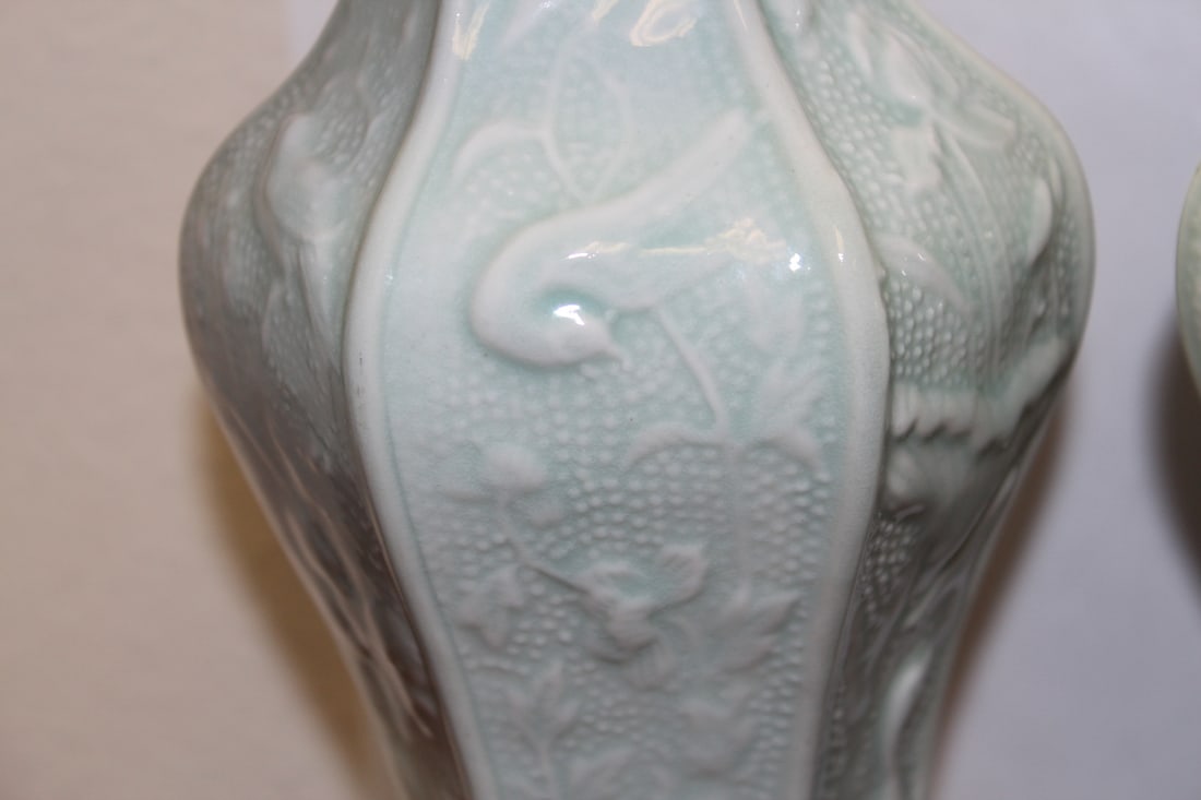 Pair of Chinese Celadon Hexagon Vases - 4