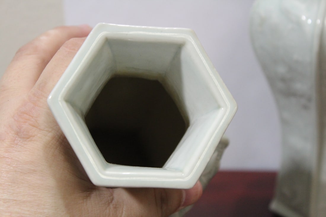 Pair of Chinese Celadon Hexagon Vases - 5