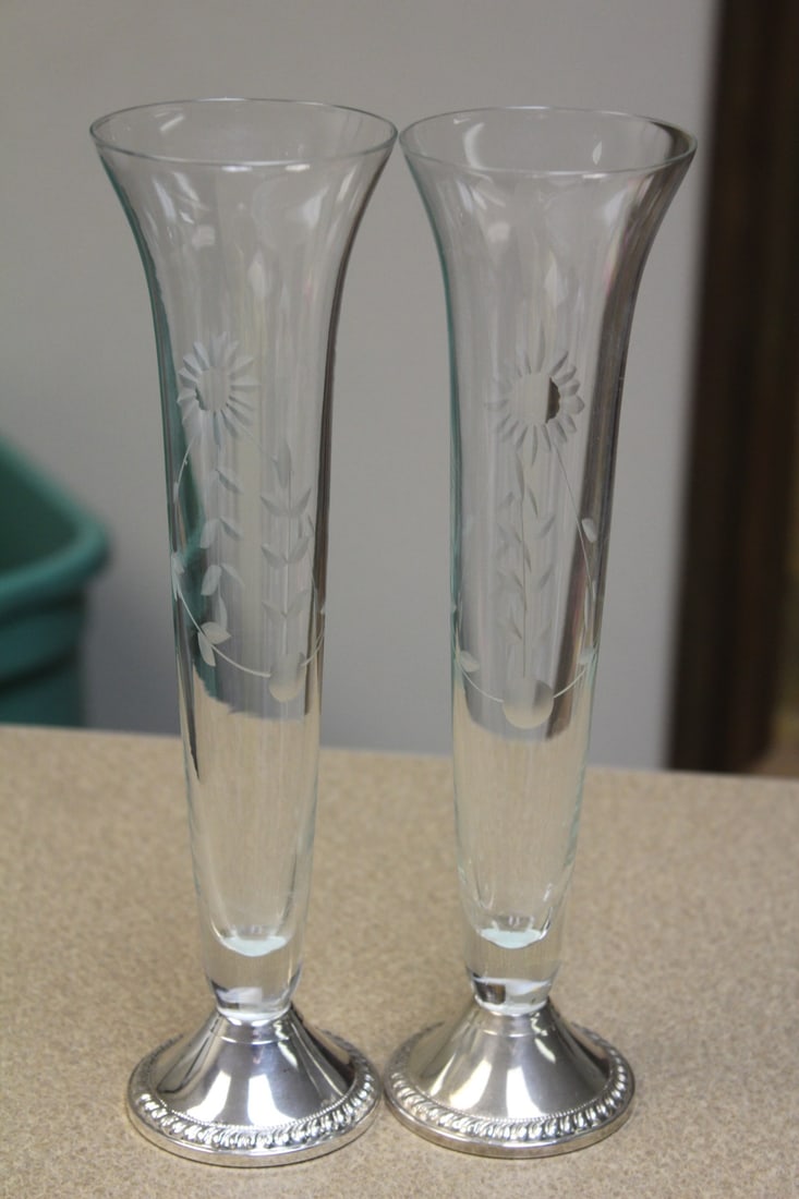 Pair of Etched Glass Stem Vases - 3