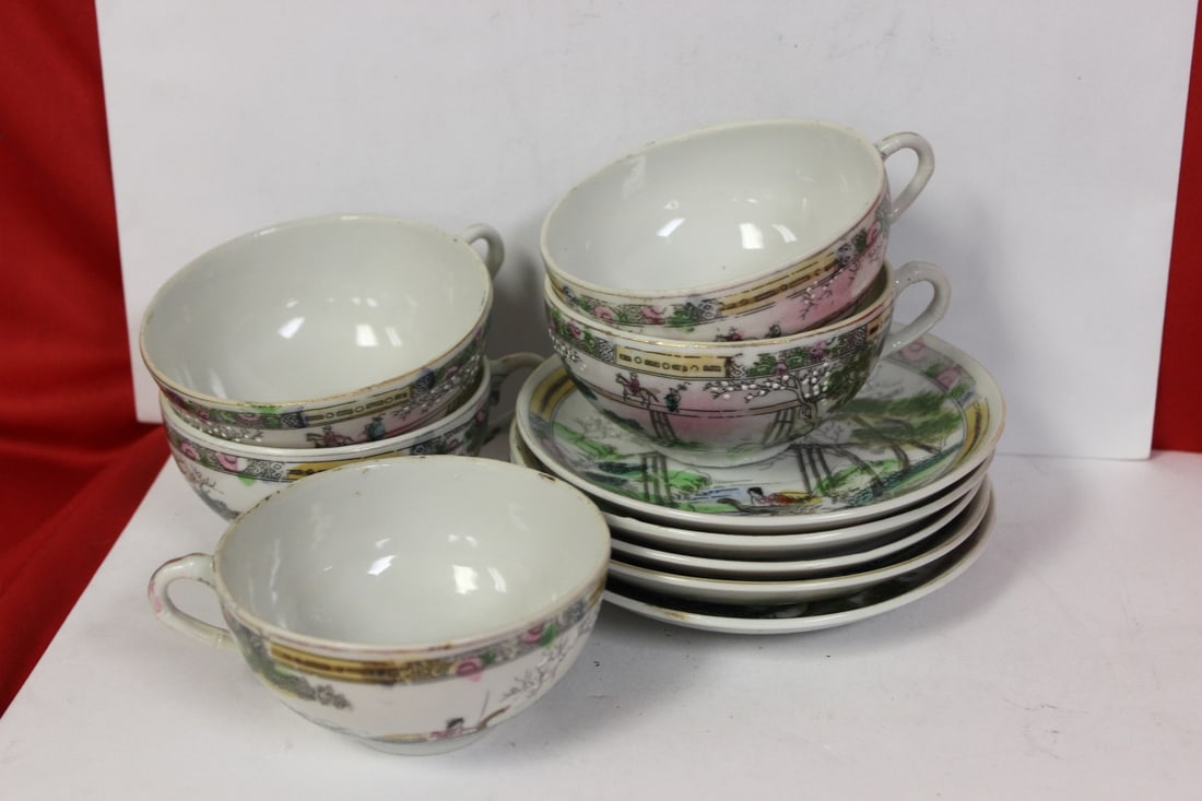 Set of 5 Vintage Japanese Cup and Saucer: cup= 3 7/8"in diameter