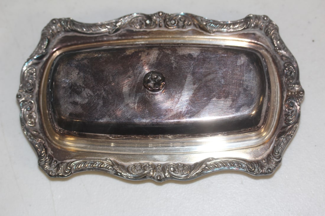 Ornate Poole Silverplate Butter Dish: with glass insert - 7 3/4" across