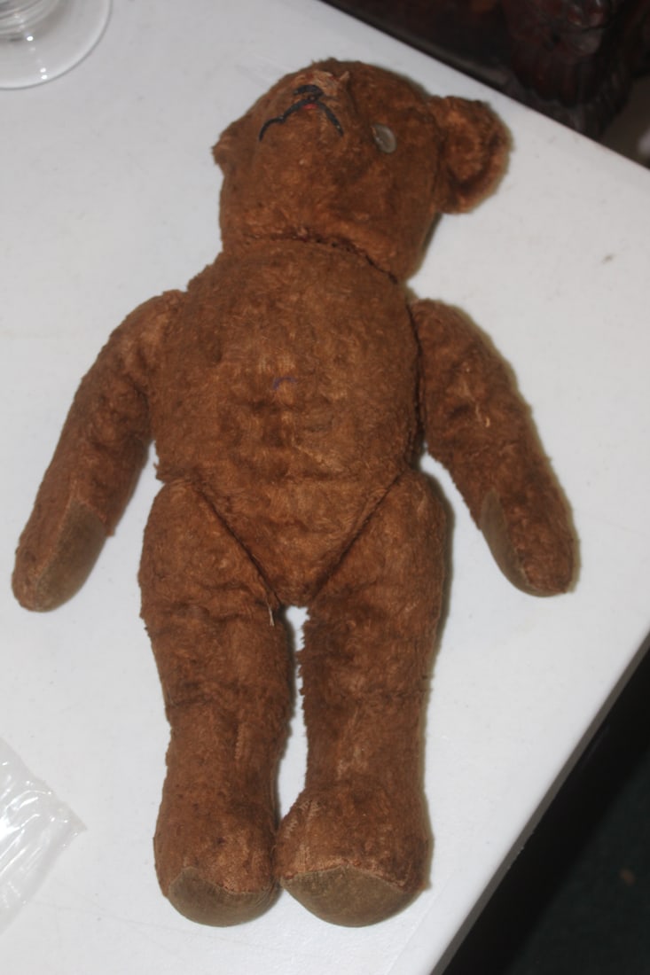 Antique Joint Teddy Bear: most likely mohair - please note: no glass eyes - 15 1/2" long