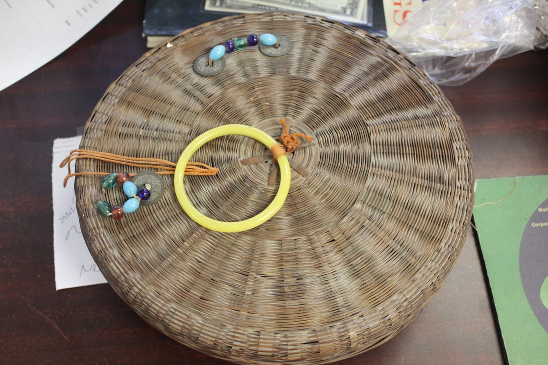 An Antique Chinese Sewing Basket: with contents - 11" in diameter