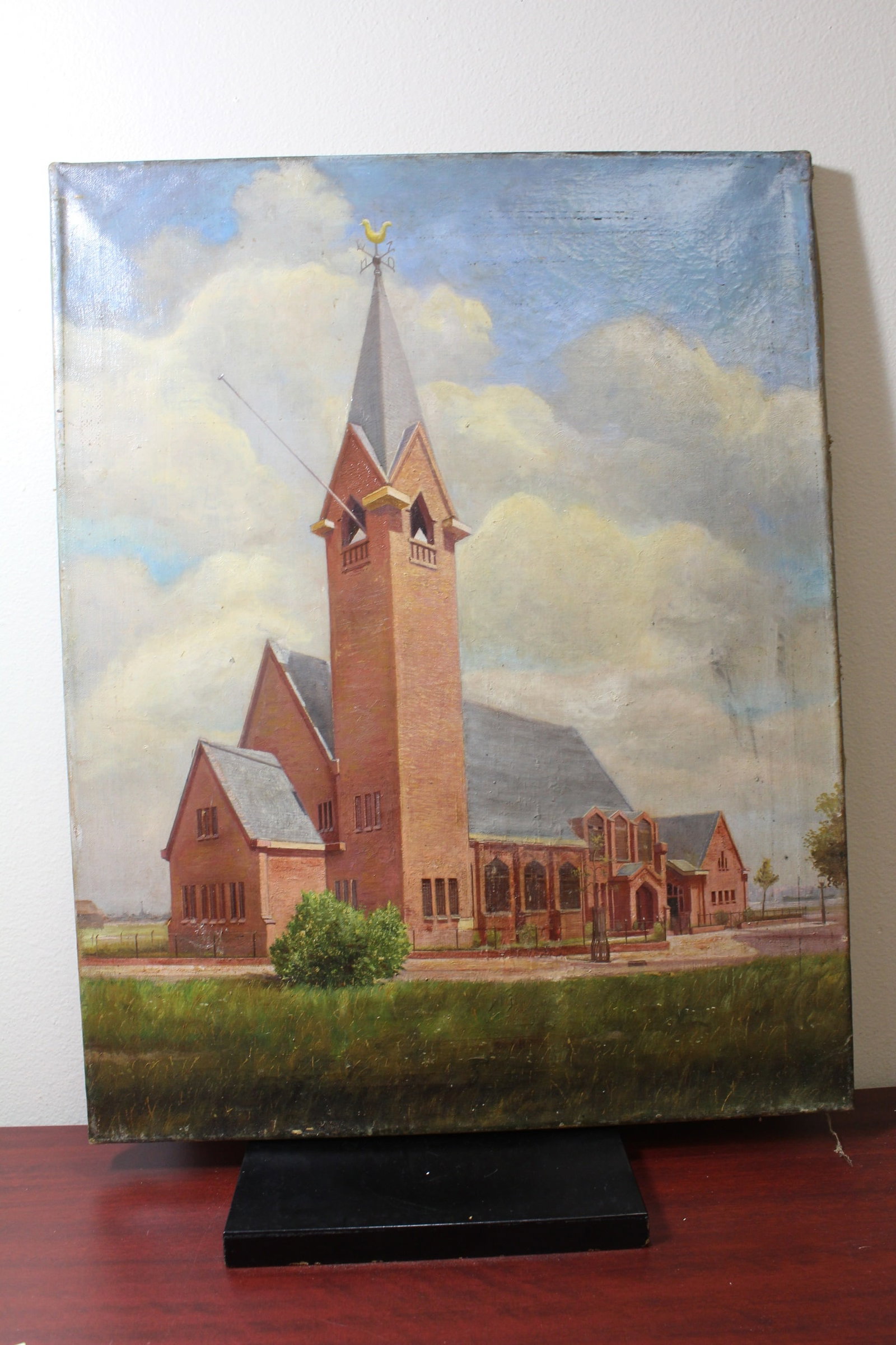 Oil on Canvas Church Scene: unframed - possibly 19th century - overall= 22" x 27 3/4"