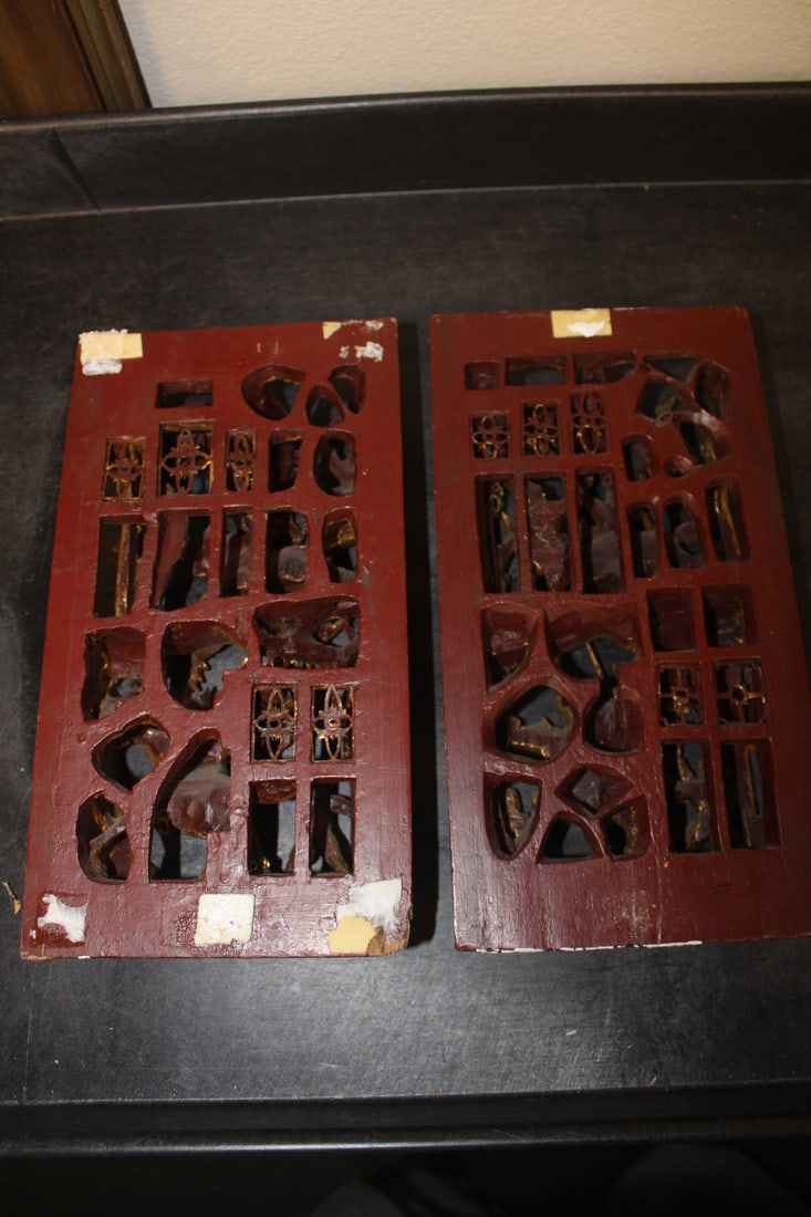 Pair of Gold Gilted Chinese Wooden Panels - 13