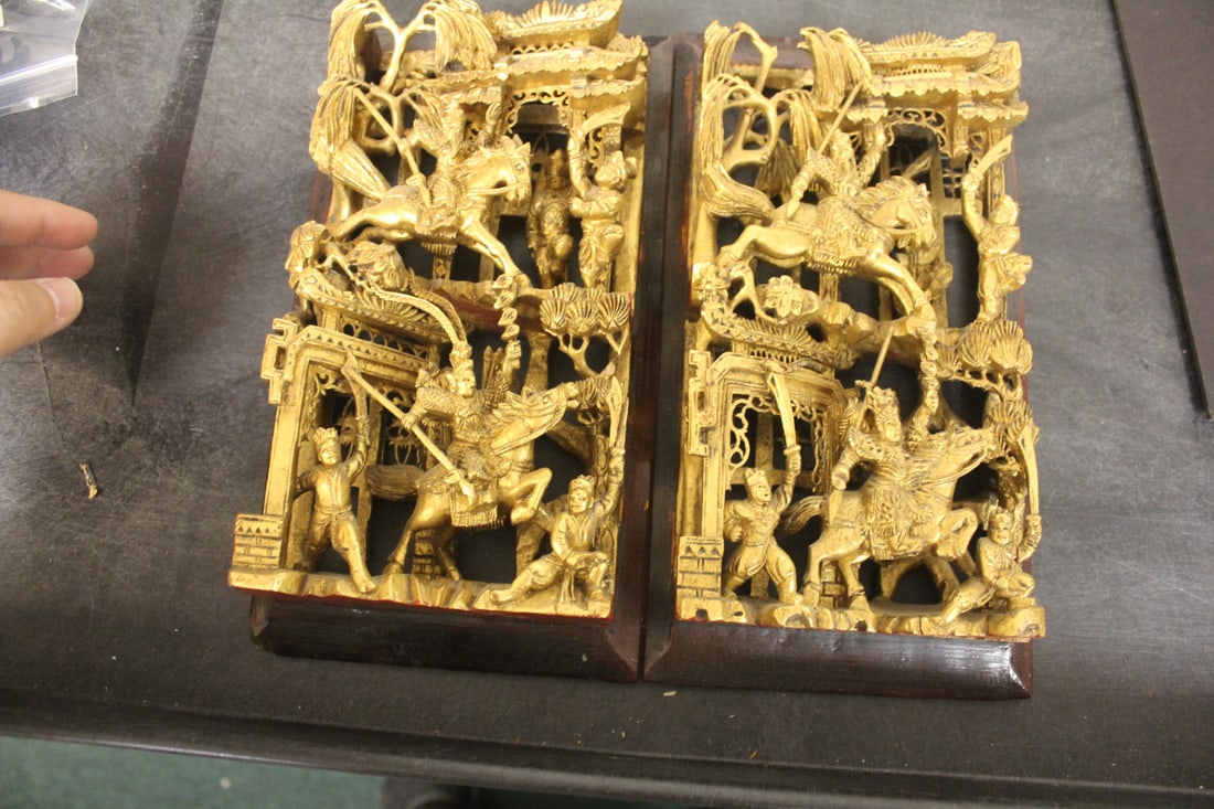 Pair of Gold Gilted Chinese Wooden Panels: very detailed - beautiful - 10 /2" x 5 1/2