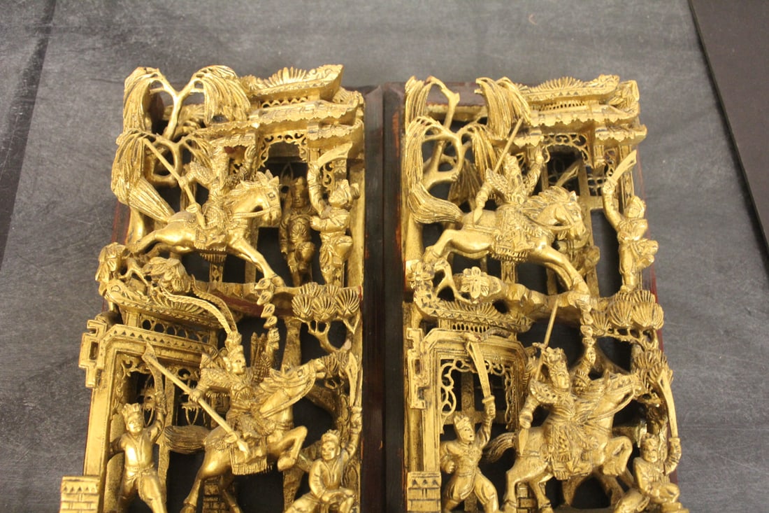 Pair of Gold Gilted Chinese Wooden Panels - 2