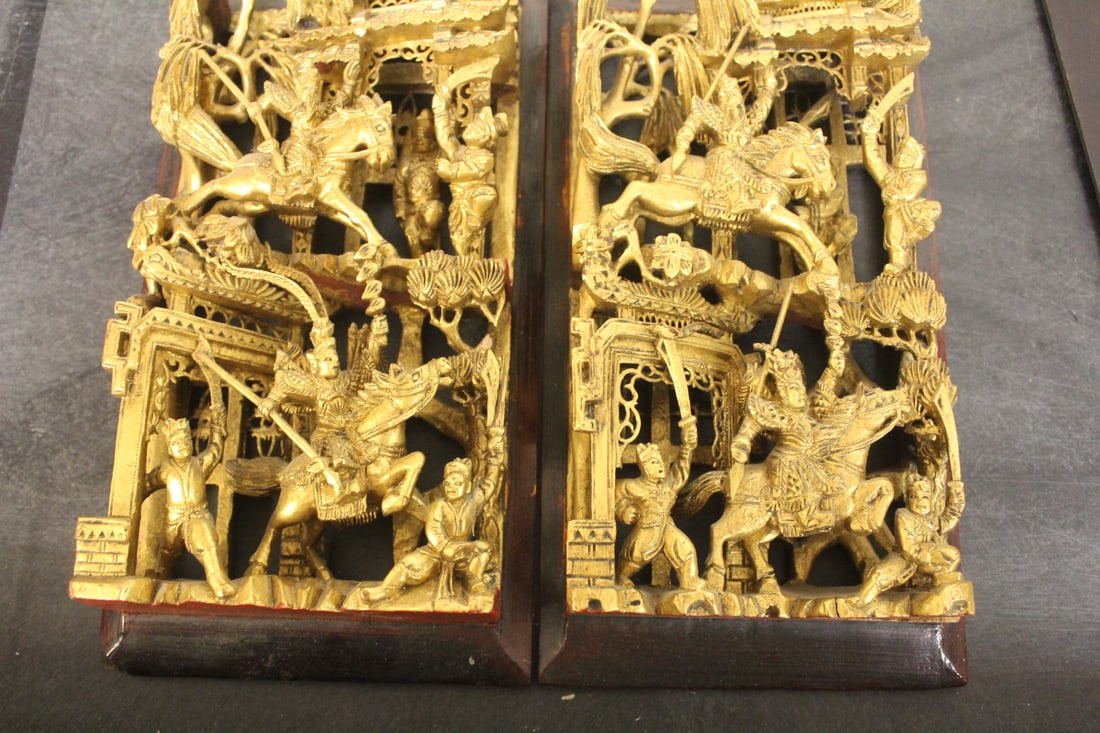 Pair of Gold Gilted Chinese Wooden Panels - 3