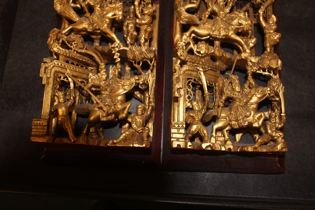 Pair of Gold Gilted Chinese Wooden Panels - 4