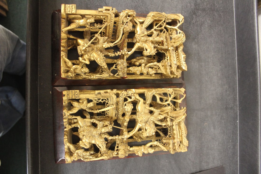 Pair of Gold Gilted Chinese Wooden Panels - 5