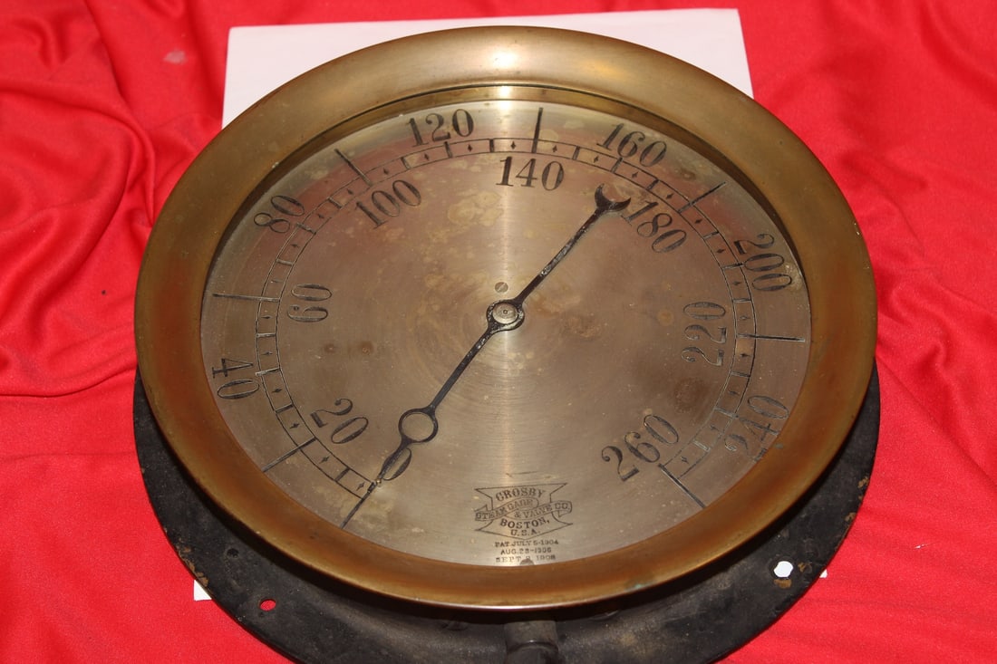 A Large Pressure Gauge: most likely 1920's - 1930's - top diameter: 11 1/2" - bottom diameter: 12 1/2" - no glass - by Crosby - do not know if it works or not