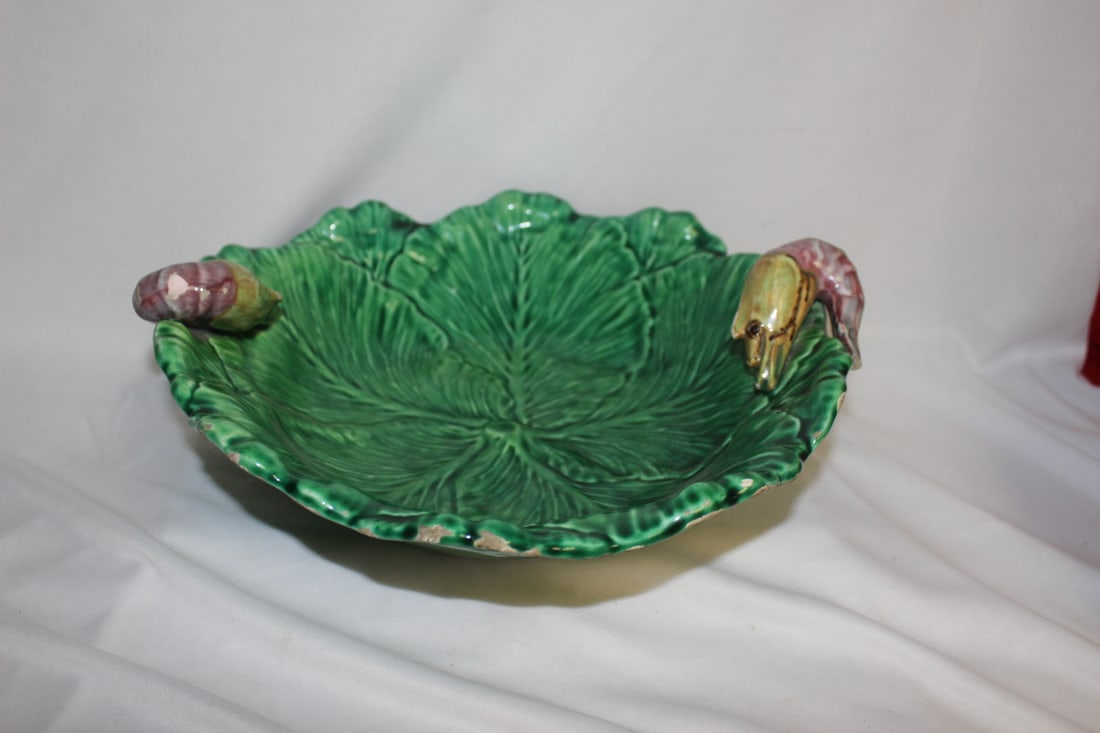 A Majolica Bowl: made in Spain - please note: tails from the shrimp is missing, also minor losses - 11" in diameter